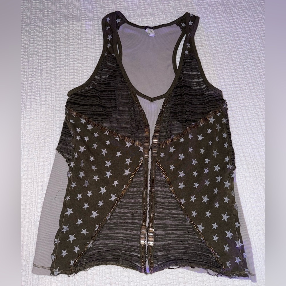 Free People Star Print Mesh Patchwork Tank Top | Size S